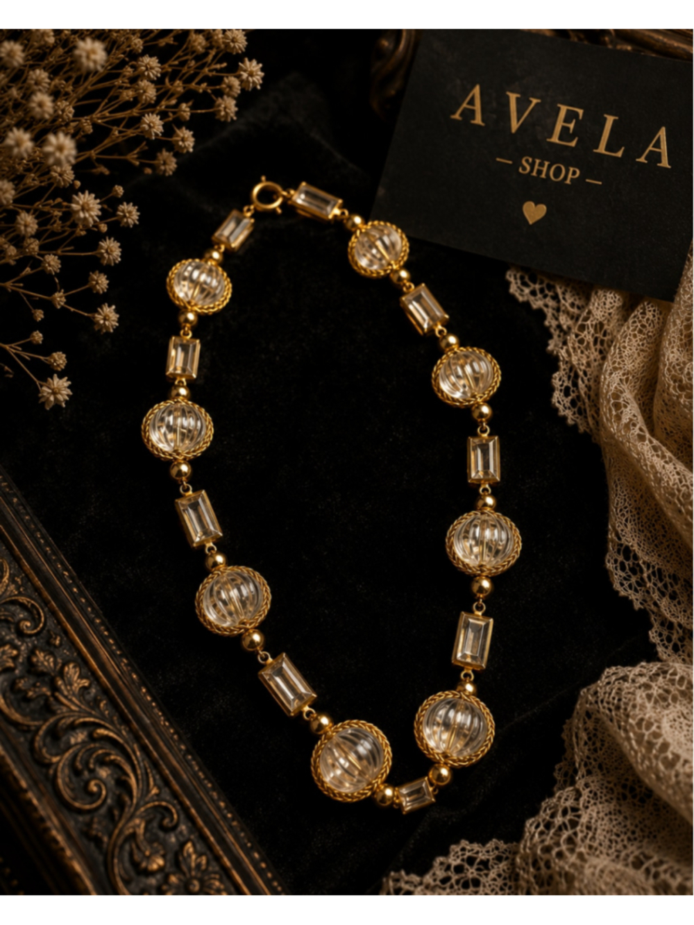 Vintage Gold Tone Clear Lucite Bead Statement Necklace | Retro Art Deco Style